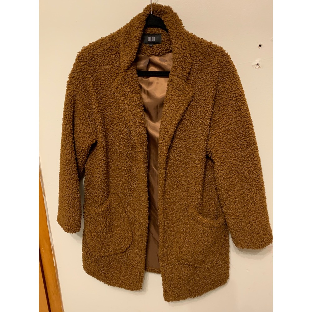 GOLDIE Teddy Coat Brown Sherpa Fleece‎ Oversized Lapel Collar Jacket XS